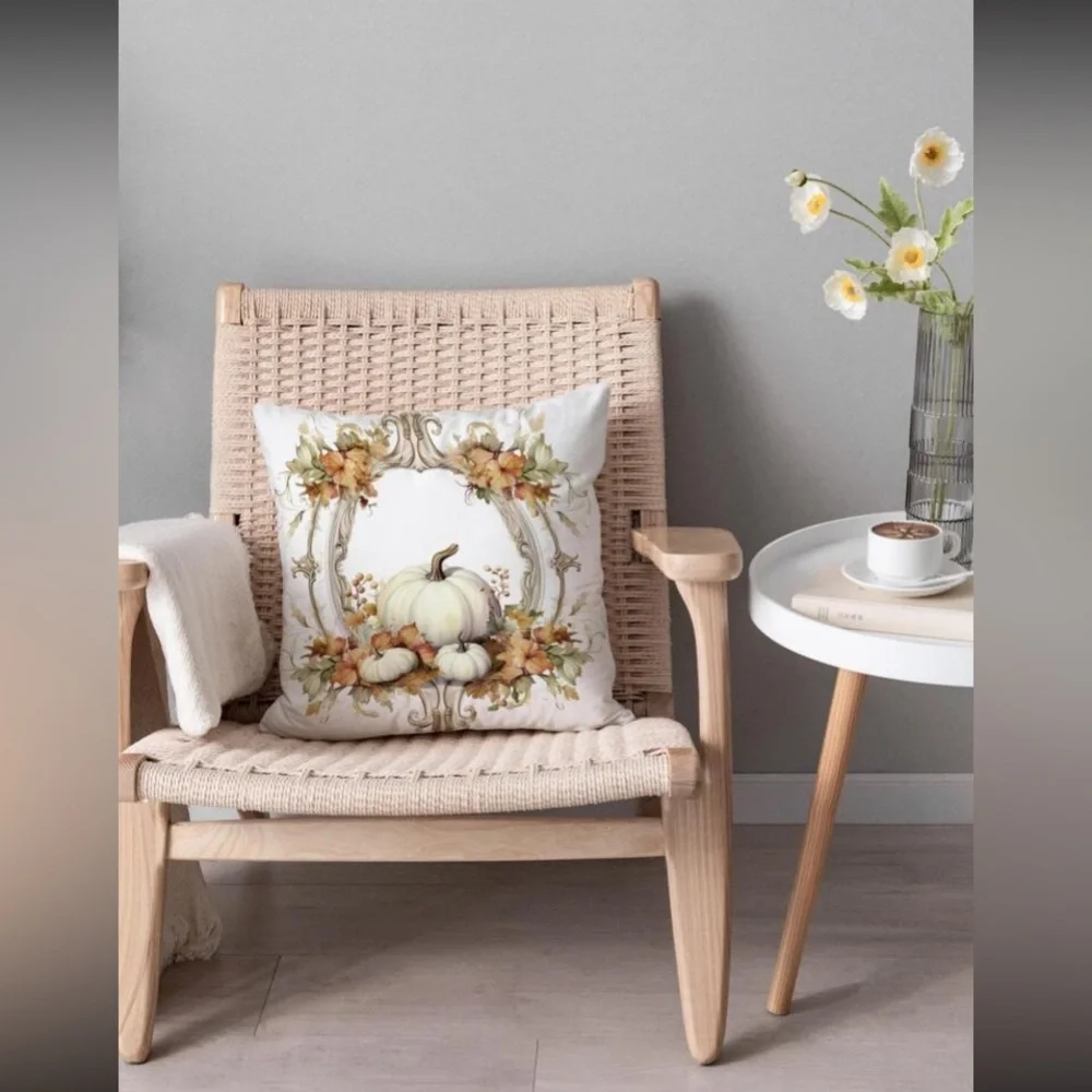 NWT Soft White Fall Harvest Floral Pumpkins Decorative Pillow Cover 18x18